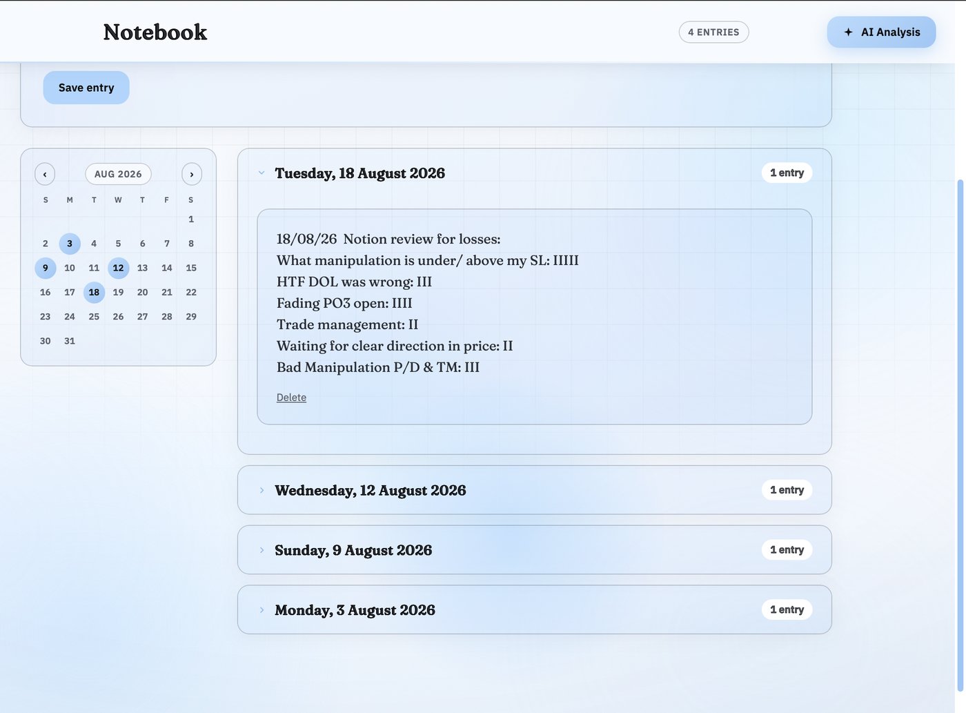 Tradesober's Notebook, showing dated freeform entries with a mini calendar to browse past reflections